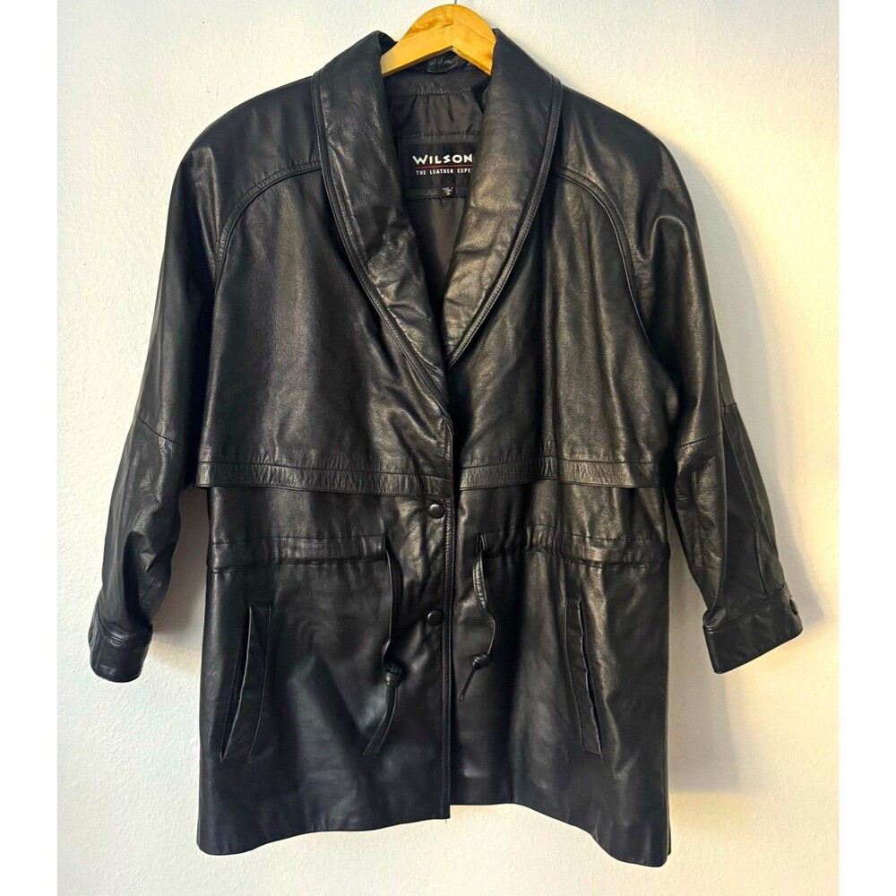 Vintage 80s Wilsons Black Leather Coat Womens M Cinch Waist Dolman Sleeve Supple
